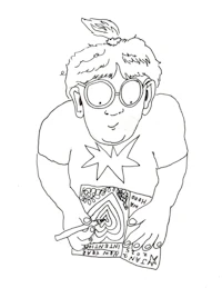 a drawing of a man with glasses reading a book